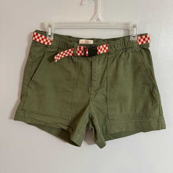 THE GREAT. Olive Green Bike Shorts with Red Checkered Belt Size 2 - Picture 7 of 8